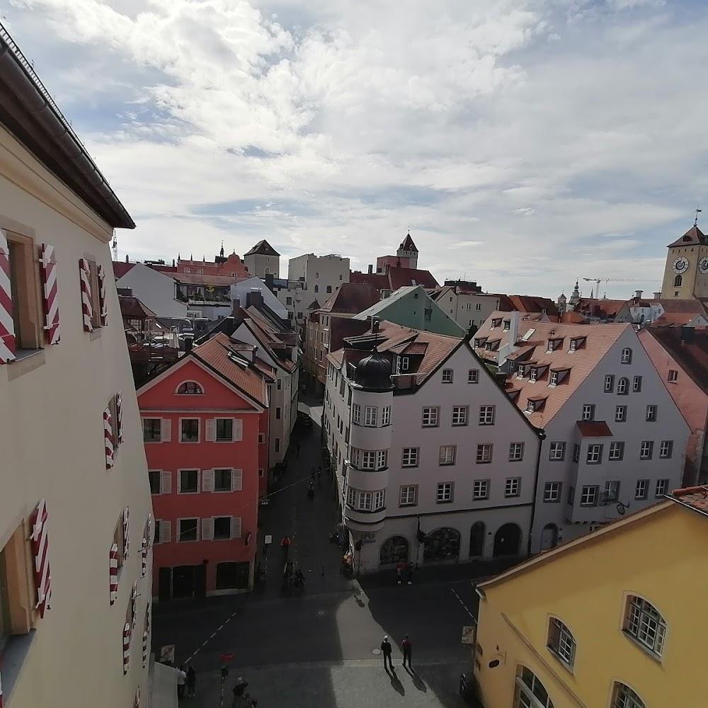 Aerial view of a European city street.  Landmark: Town Hall, Landsberg am Lech, Germany.